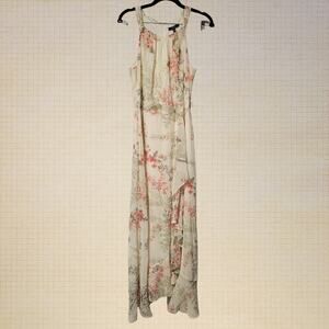 Spring Floral Chiffon Maxi Dress R and K Sleeveless Ruffled Cream Size 10 59" L